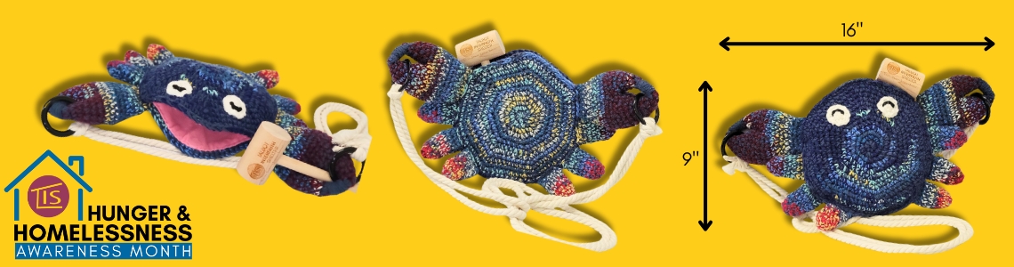 Top, front, and bottom view of a handmade crochet blue crab bag. It's 16" long and 9" tall.
