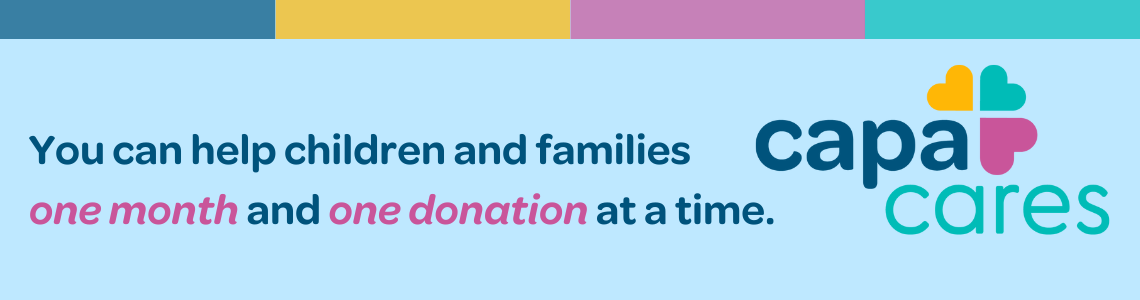 Header graphic has image of a mom holding a baby with words, "you can help children one month, one donation at a time."