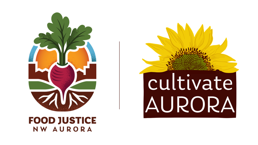 Logo of Food Justice NW Aurora (a burgandy beet planted in the city) and the logo for Cultivate Aurora (sunflower).