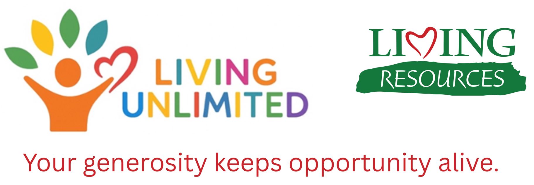 The graphic is the silhouette of a person holding a heart saying Living Unlimited. Your generosity keeps opportunity alive.