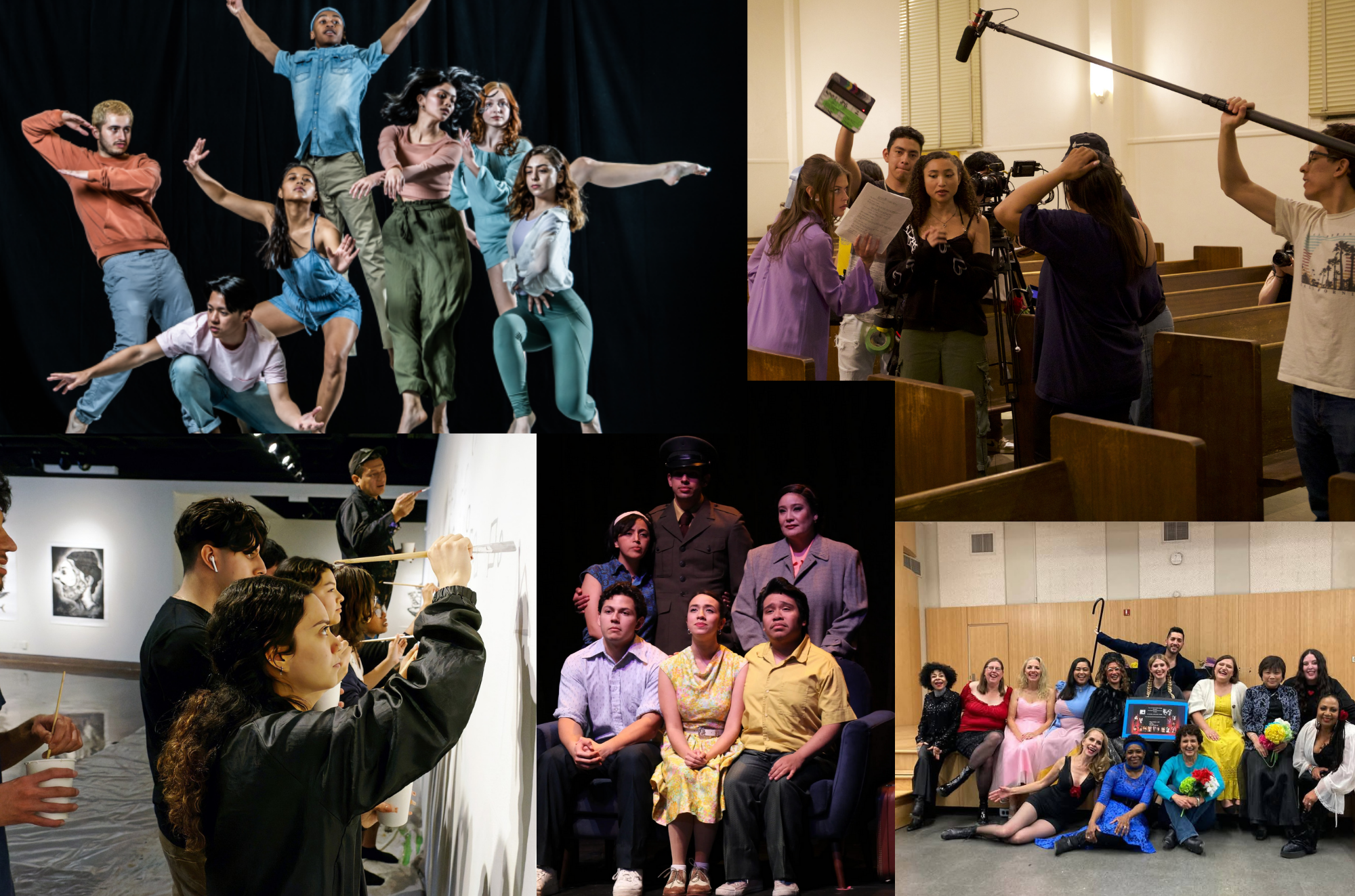 Students filming with a boom microphone and camera on tripod