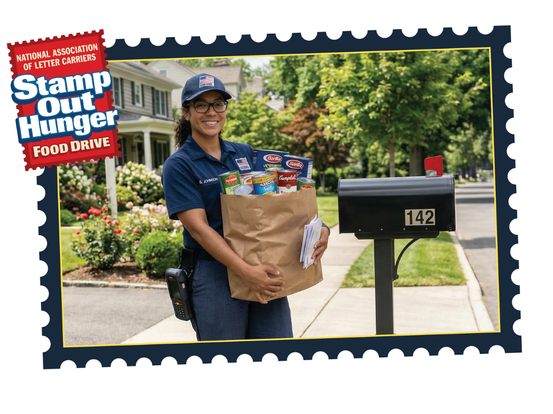 A postal worker holds a bag of food donations in front of a mailbox, promoting a food drive initiative.