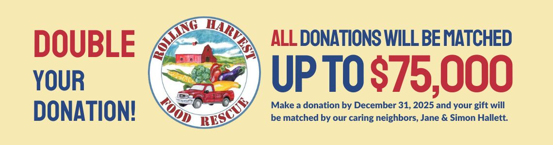 Banner with a close up image of harvested cabbages with the Rolling Harvest Food Rescue seal/logo superimposed on top