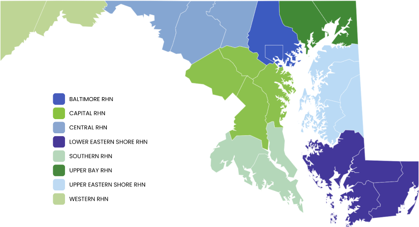 Map of Maryland counties color-coded by region