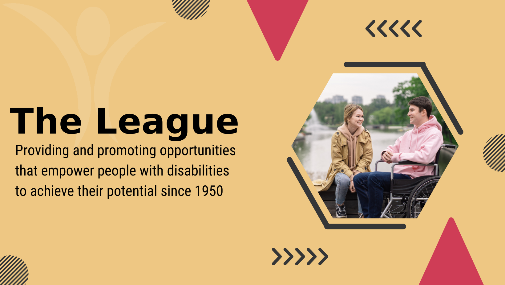 The League Donation Header for 2025. Yellow box with an image of a girl and guy talking by a fountain. He is in a wheelchair.