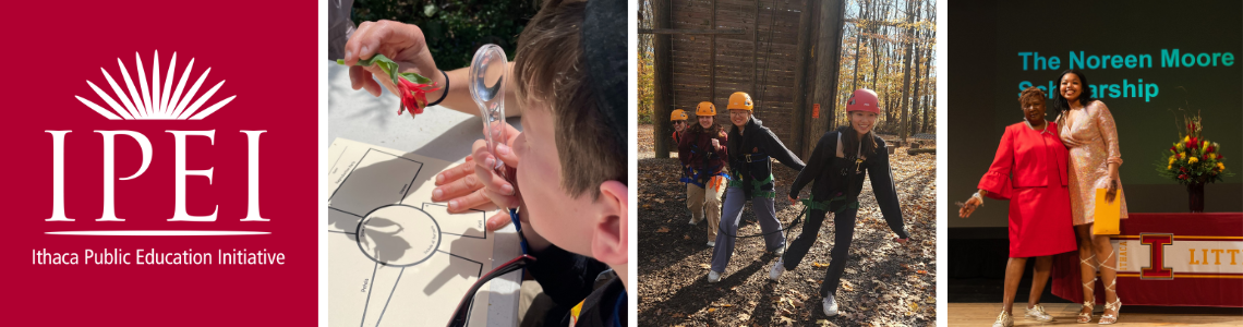 IPEI logo, a student uses a magnifying glass to examine a flower, kids in helmets at a ropes course, and an IHS award winner 