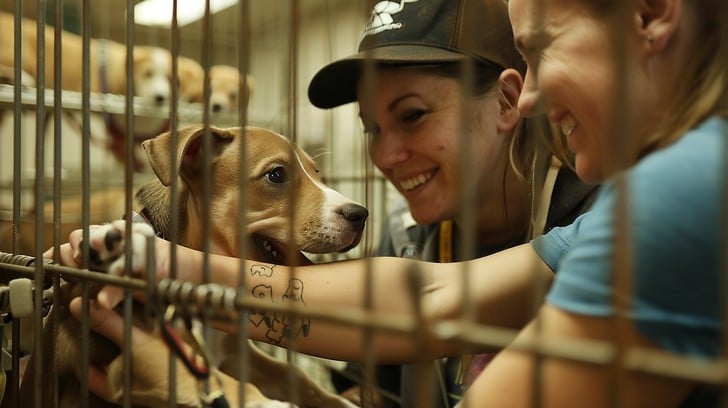 A smiling dog in a cage being adopted by a young woman, with a staff person helping.