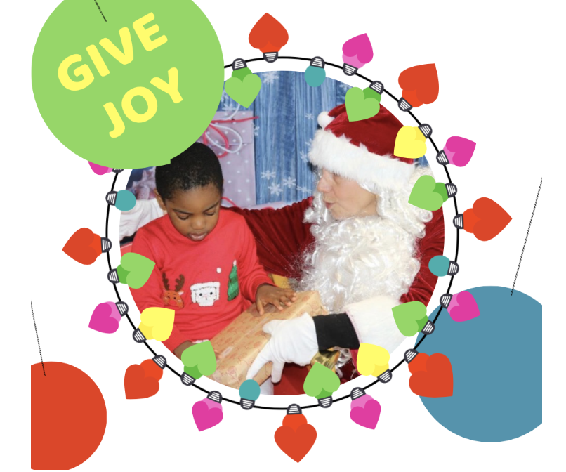 Giving Tuesday Give Joy Logo with photo of child receiving a gift
